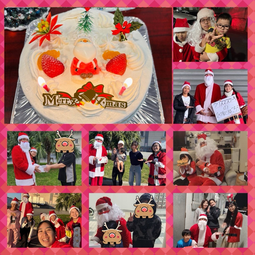クリスマスケーキと、サンタの格好をした役者たちがご家庭やケーキの受け取り場所でケーキを手渡す様子